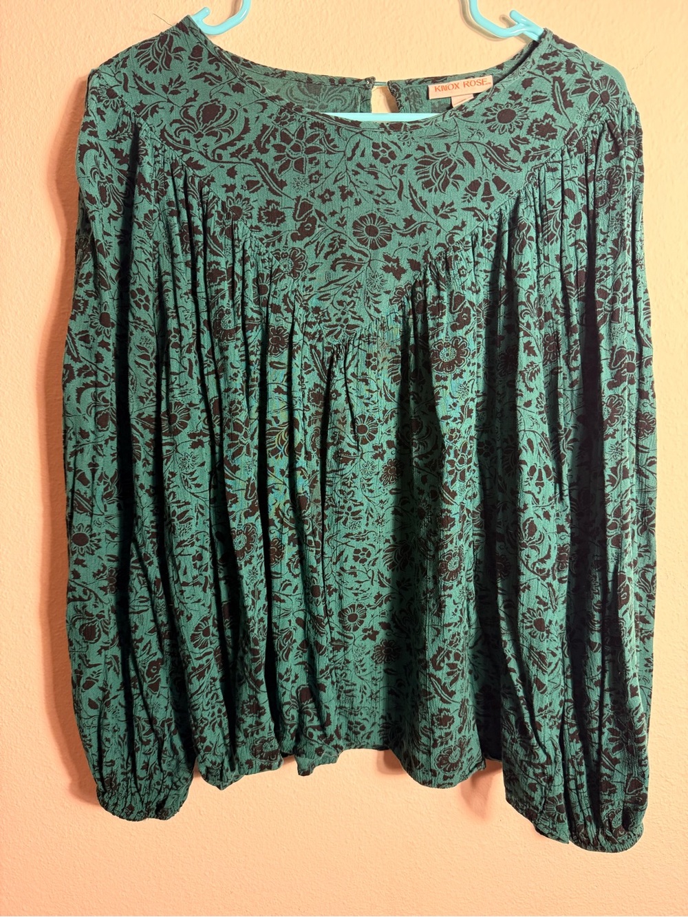 Knox Rose Teal Green Floral Long Balloon Sleeve Peasant Blouse Boho
